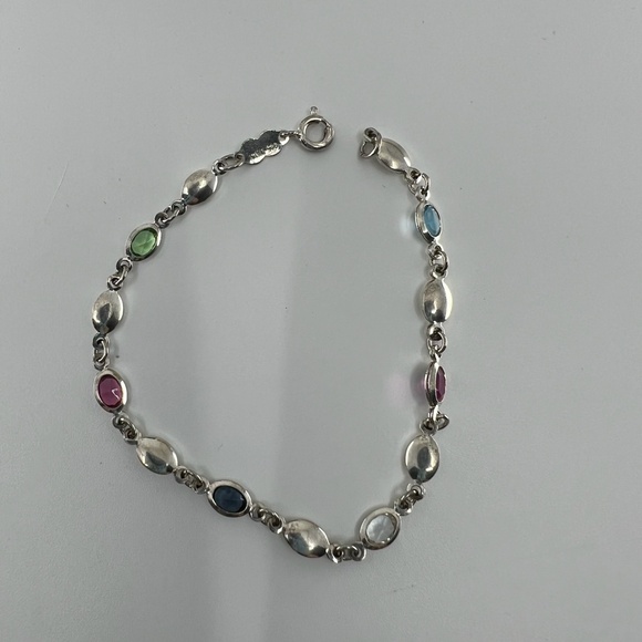 Vintage Italian Sterling Silver And Multicolor Stone Link Bracelet 7 1/4" - Picture 4 of 10